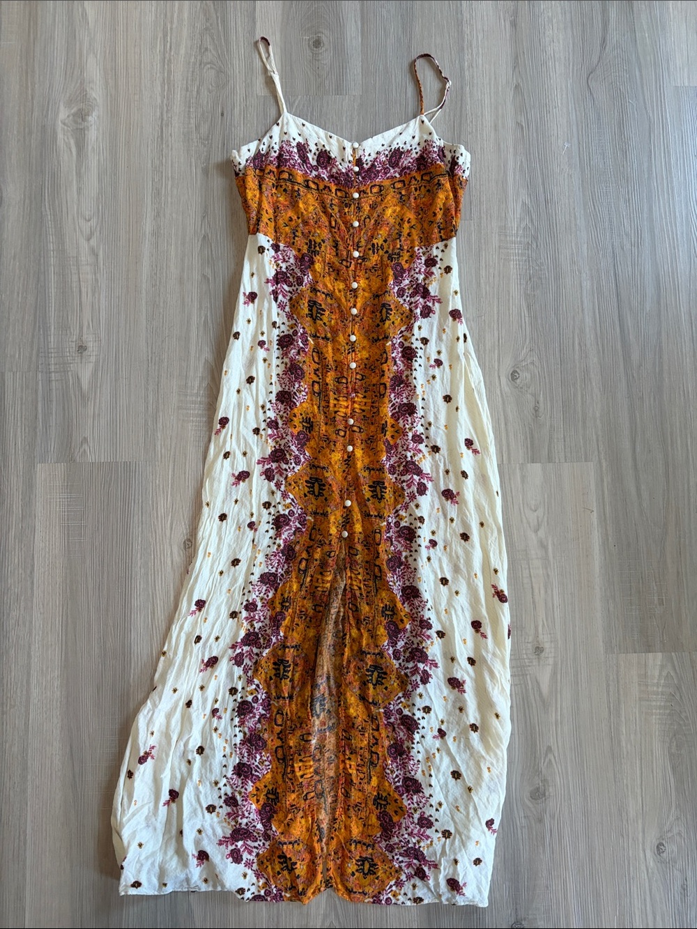 Free people Bohemian Cream Maxi Dress with Orange and Purple Print Worn Once!!